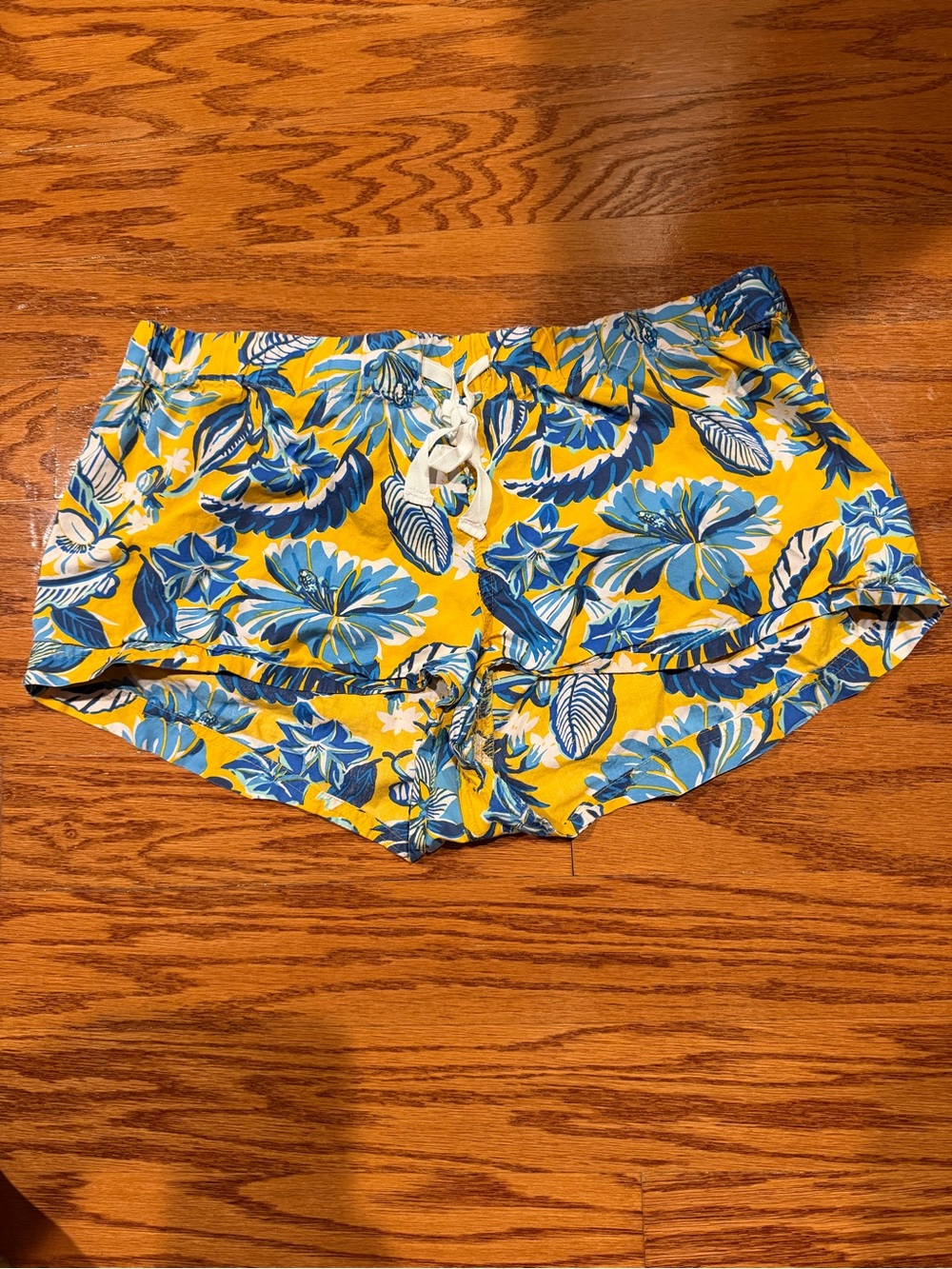 J. Crew Blue Floral on Yellow High-Waist Drawstring Shorts